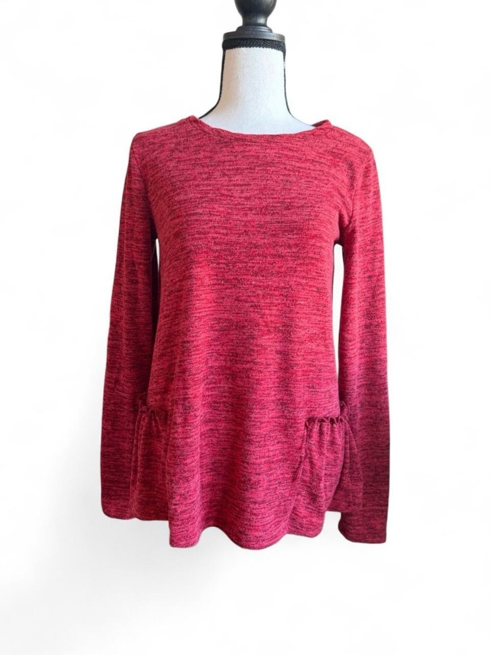 Reborn J Red Marled Knit Tunic Peplum Top S Suede Elbow Patch Ruffle Made in USA